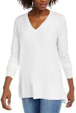 Maison Jules Sweater WMNS XS Cream Tunic V-Neck Pullover Hi-Low Ribbed Soft Cozy